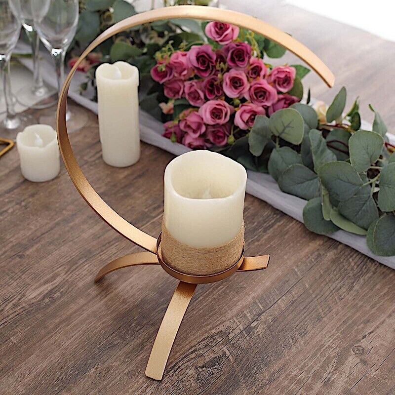 Gold 13 in Half Moon Shaped Metal Pillar CANDLE HOLDER Centerpiece
