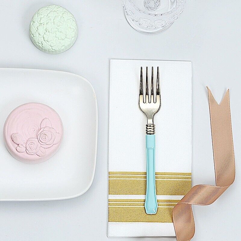 24 Metallic Gold Blue 7" Forks Plastic Handle Disposable Party