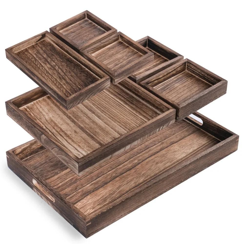 Set of 7 Rustic Wood Serving Trays Nesting Food Platter for Ottoman Coffee