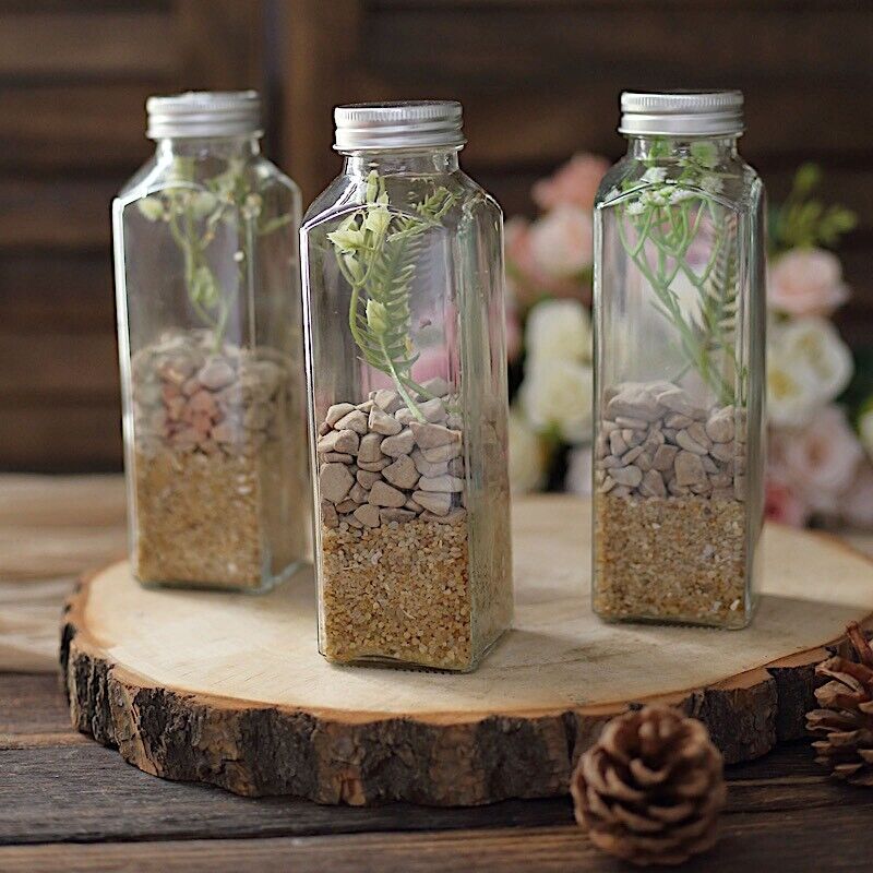 12 Clear 12 oz Square Storage Jars Refillable GLASS BOTTLES Aluminum Caps