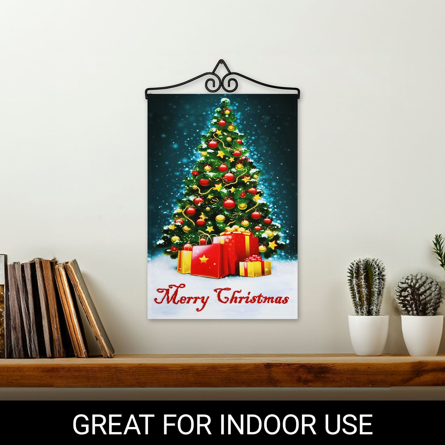 G128 Combo Pack Garden Flag Hanger 14IN & Garden Flag Merry Christmas Tree with Gifts 12x18IN Printed 150D Polyester