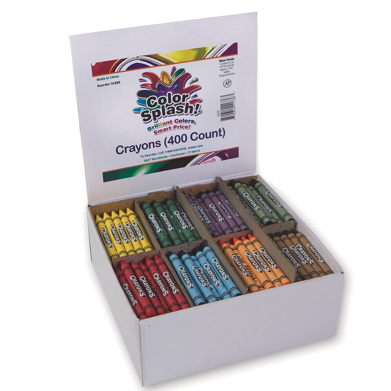S&S Worldwide Color Splash!® Crayons. Excellent Quality, Superior Value, Great for Classrooms and Groups, Divided Box for Easy Sorting, Includes 50 each of 8 Vibrant Colors, Non-Toxic, Pack of 400