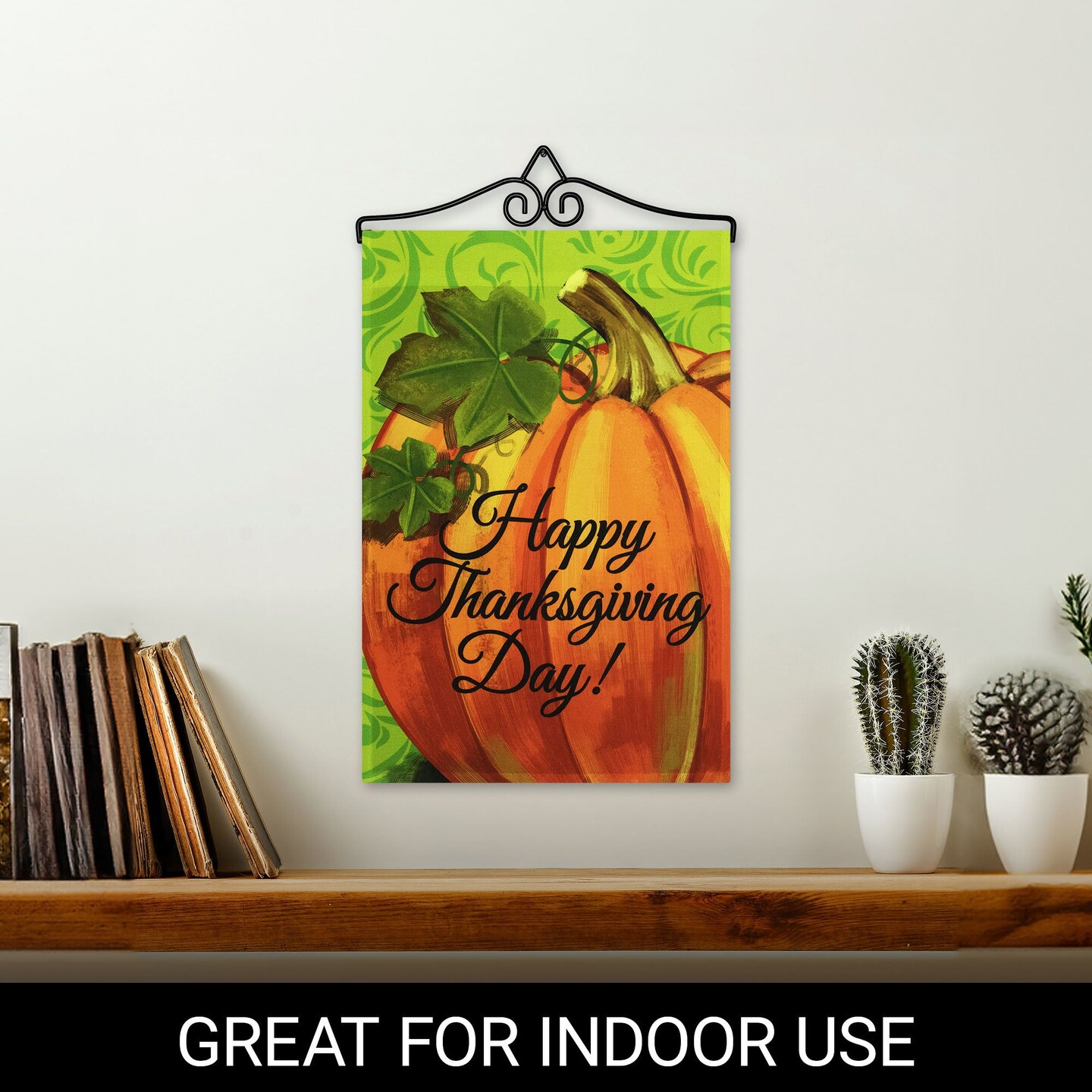 G128 Combo Pack Garden Flag Hanger 14IN &#x26; Garden Flag Happy Thanksgiving Pumpkin Green BG 12x18IN Printed 150D Polyester