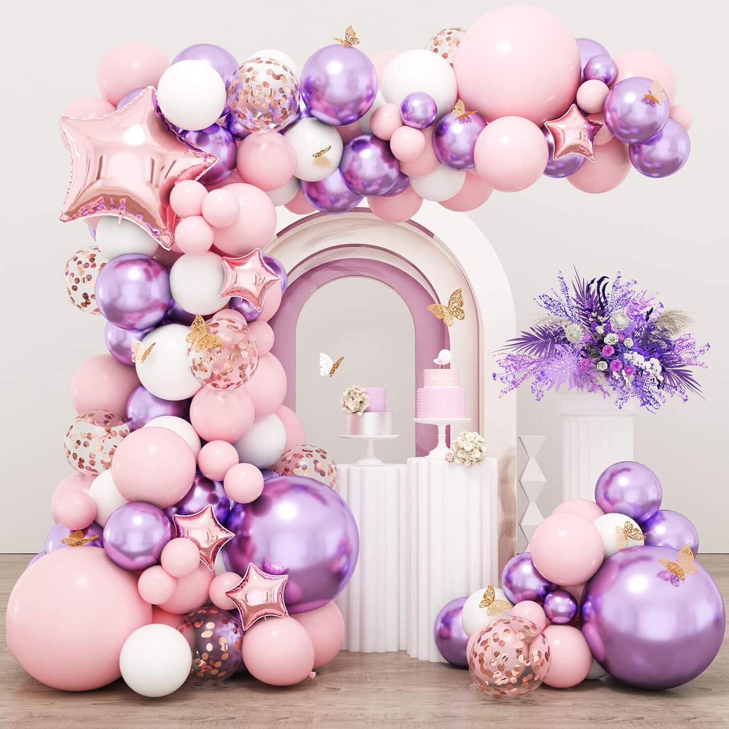 176pcs Pink Purple Balloon Garland, Baby Shower Decorations for Girl with Butterfly Decorations Foil Balloons for Birthday Party Bridal Shower Bachelorette Engagement Decoration