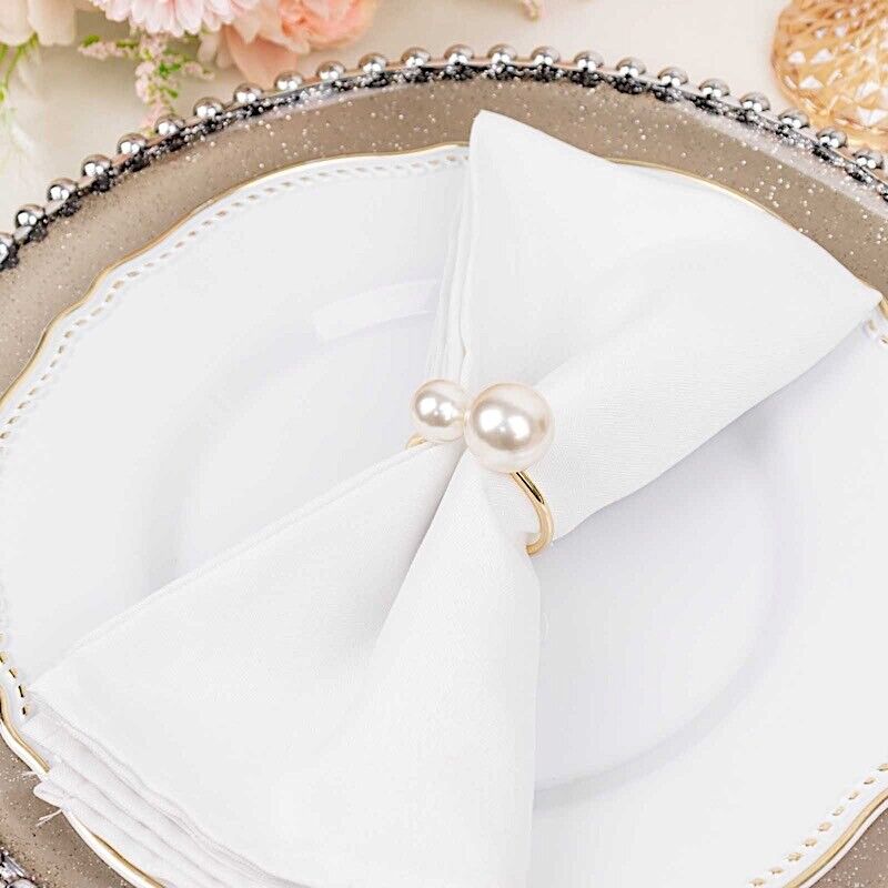 10 Gold 2.5 in Metal Dinner NAPKIN RINGS White Faux Pearls