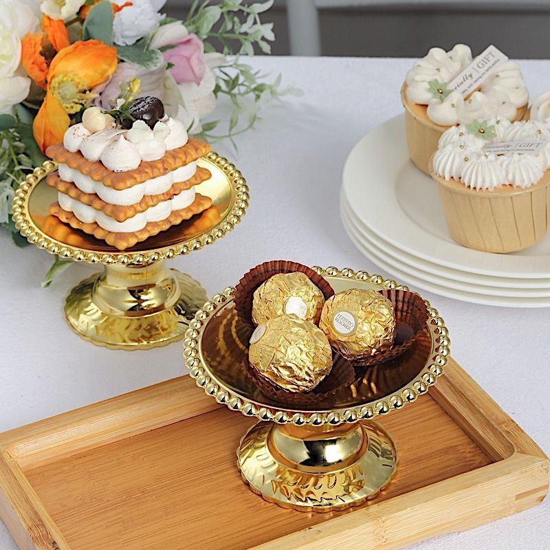 12 Gold 5&#x22; Plastic Round Mini Dessert Stands Cupcake Pedestals Beaded Rim