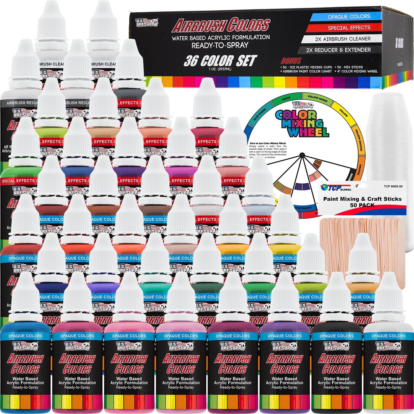36 Color Acrylic Airbrush Paint Set; Opaque &#x26; Pearl Colors plus Reducer, Cleaner, Mixing Supplies &#x26; Color Mixing Wheel