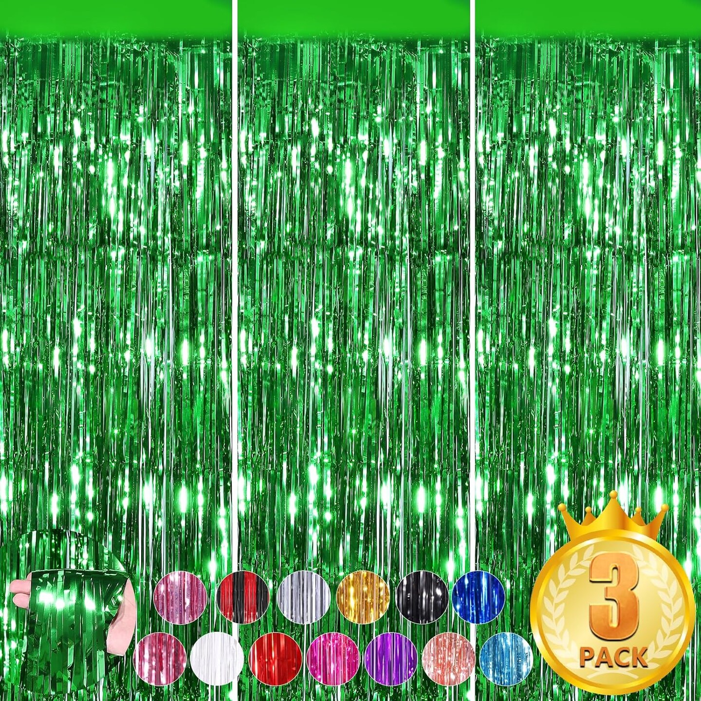 Green Party Streamers 3.3x8.3 Feet Metallic Foil Fringe Curtains 3Pack Tinsel Door Streamers Party Decorations for Christmas New Year Patrick's Day Hawaiian Jungle Safari Tropical Football Party Decor
