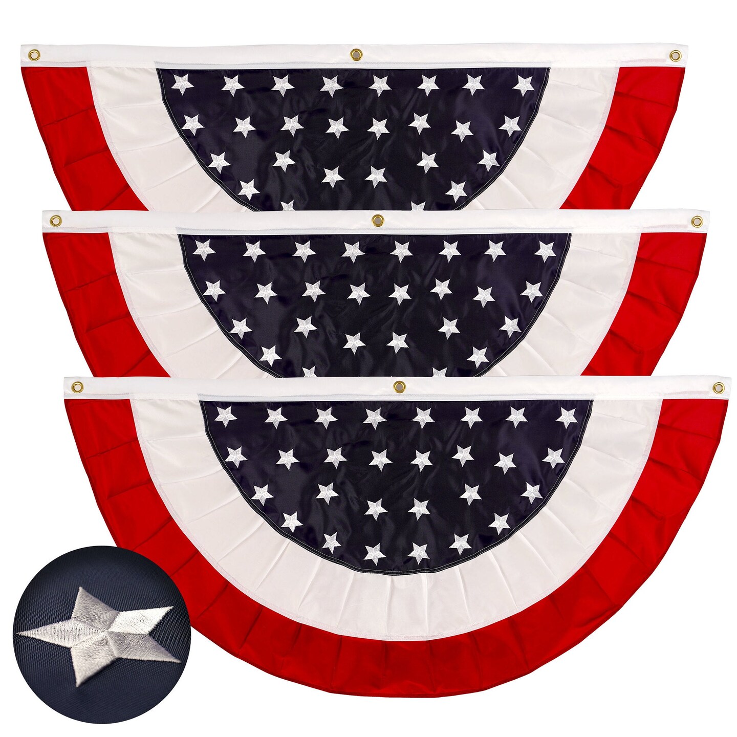 G128 - 3 Pack: USA Pleated Fan Flag 1.5x3FT Star Center Embroidered Polyester Stars and Stripes