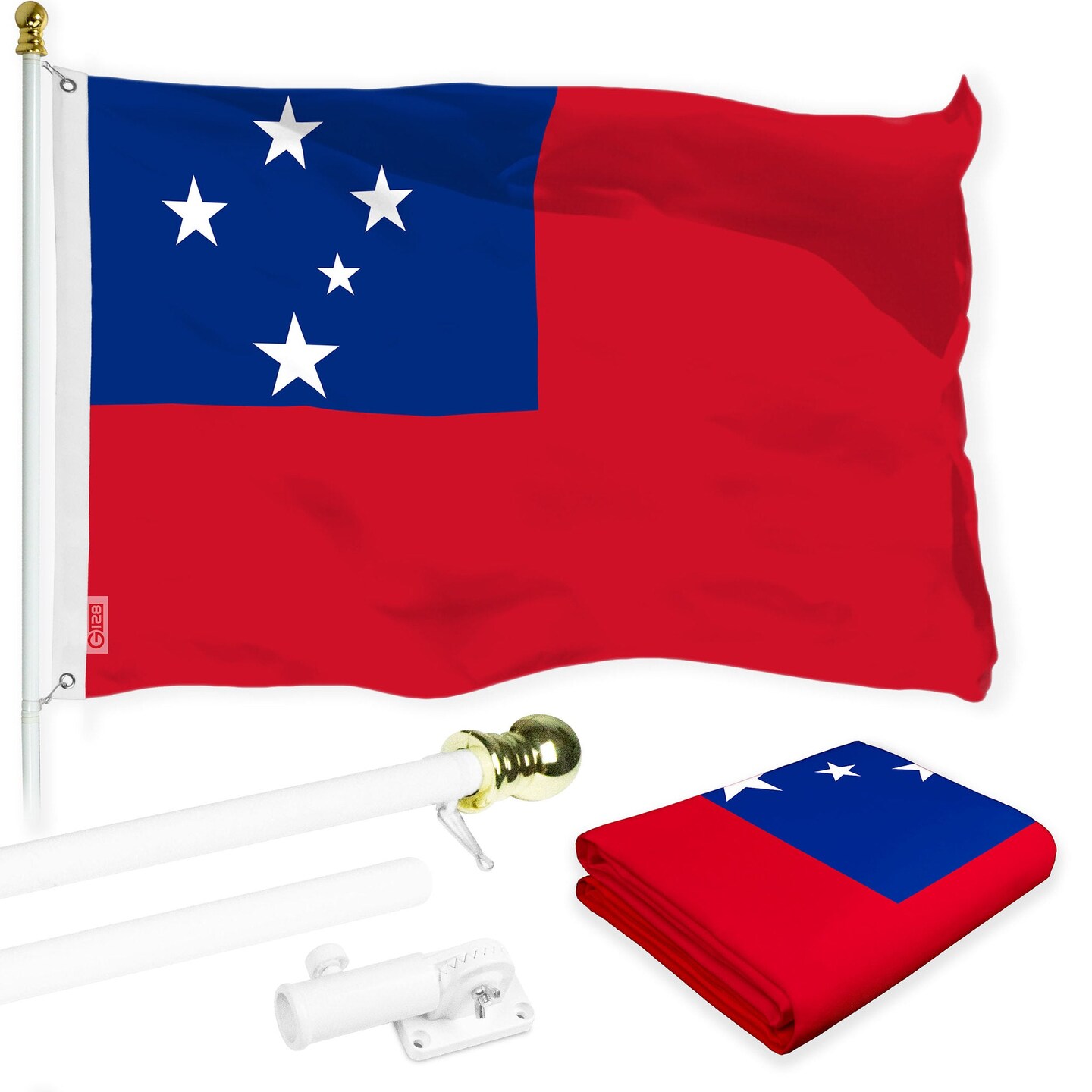G128 Combo Pack: 6 Ft Tangle Free Aluminum Spinning Flagpole (White) &#x26; Samoa Samoan | 3x5 Ft | LiteWeave Pro Series Printed 150D Polyester | Pole with Flag Included