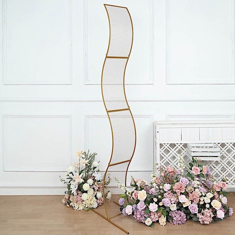 Gold 7 feet Metal Floral Display Frame Wavy Grid BACKDROP STAND Arch