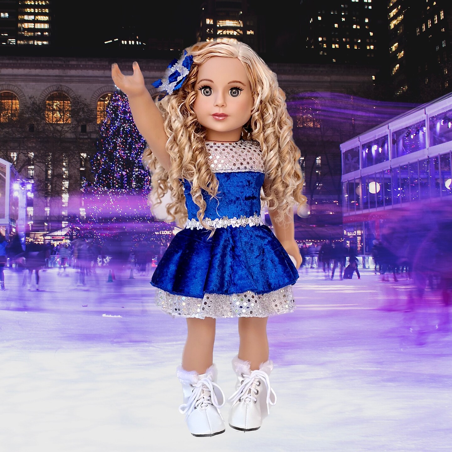 Ice Dancer Doll Clothes for 18 inch Doll Blue Leotard with Double Blue and Silver Ruffle Skirt Decorative Head Flower White Skates MakerPlace by Michaels