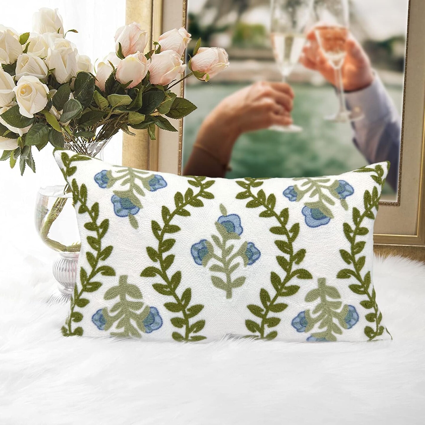 Floral Lumbar Pillow Cover: Cottage Charm in Blue Flower Design