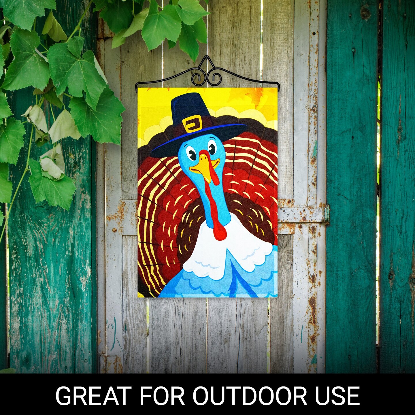 G128 Combo Pack Garden Flag Hanger 14IN & Garden Flag Pilgrim Turkey Yellow BG 12x18IN Printed 150D Polyester