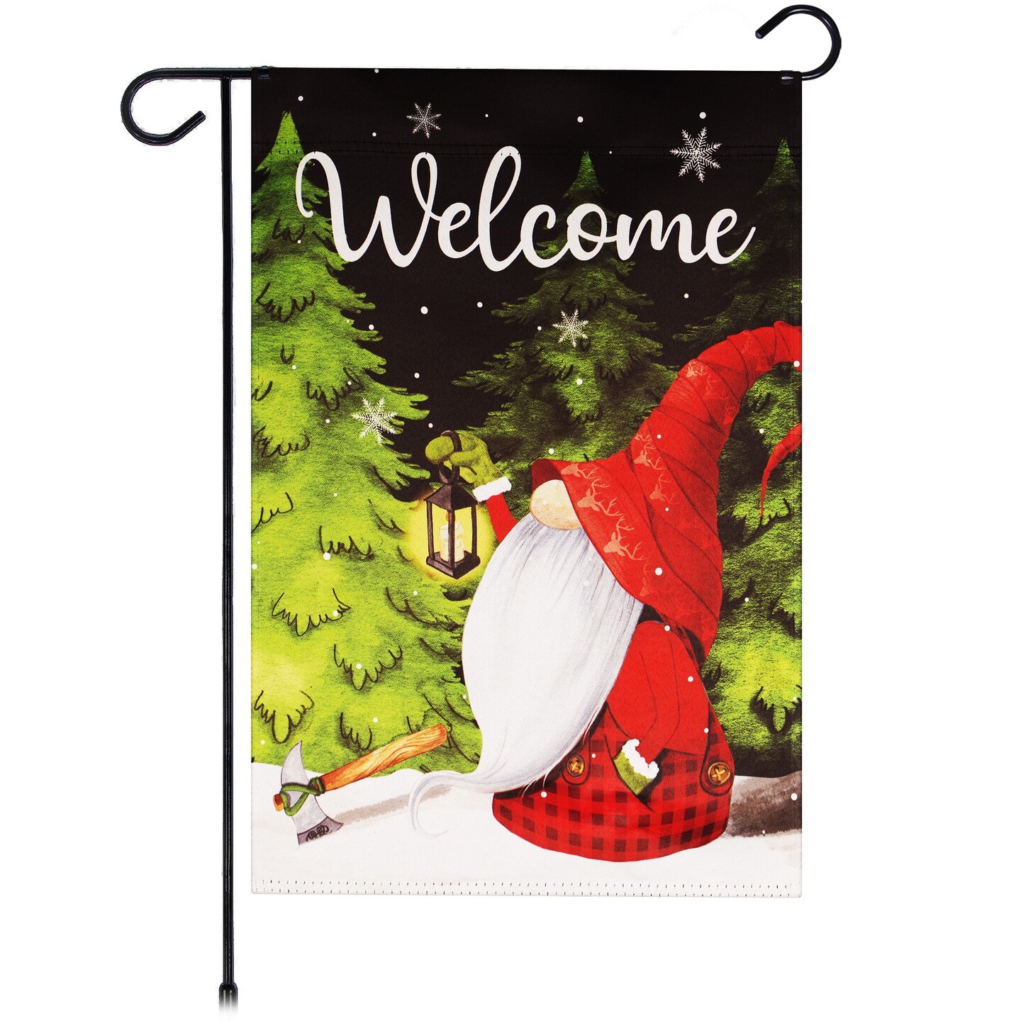 G128 Garden Flag Welcome Festive Gnome with Lantern | 12x18 Inch | Printed Blockout Polyester - Christmas Decoration