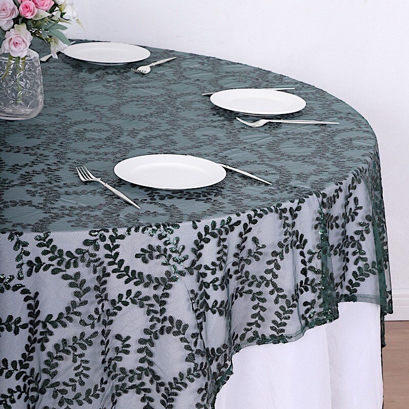 72x72 in Embroidered Leaves Sequined Tulle Square TABLE OVERLAY