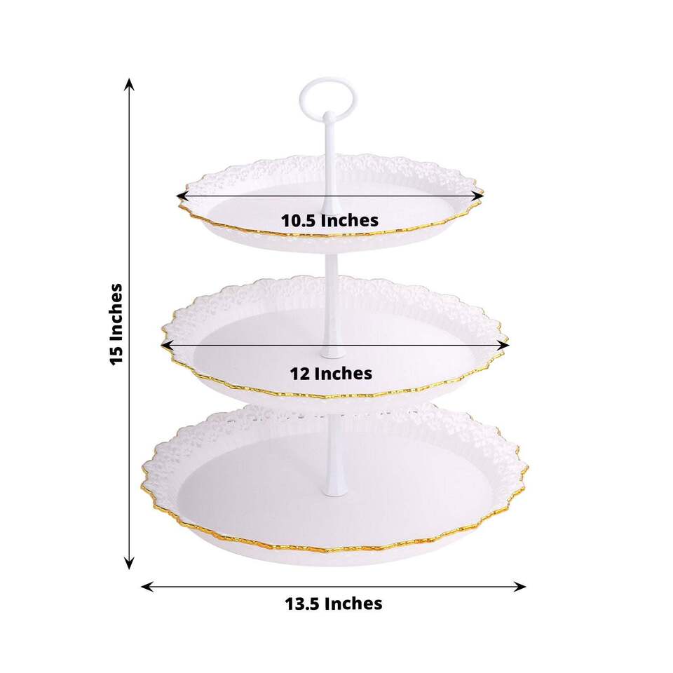 15" Metallic White Gold 3 Tier Plastic Cupcake Stand Round Tower Lace