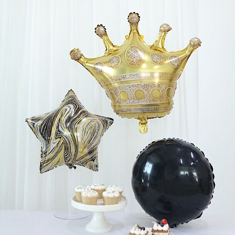 6 Gold Black White Round Crown Stars Mylar Foil BALLOONS