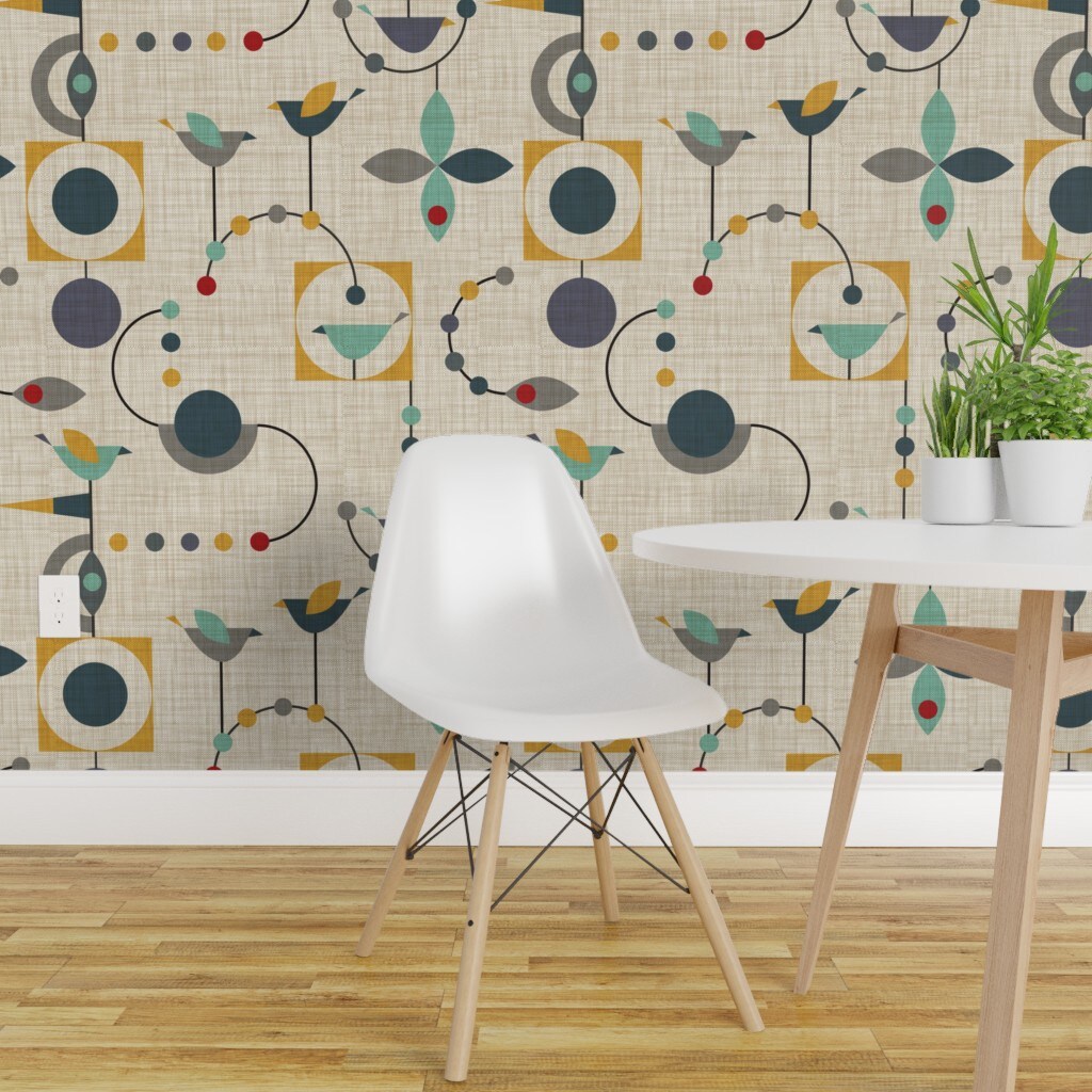 Pre-Pasted Wallpaper 2FT Wide Retro, Geometric, Large Scale, Birds, Mid Century Modern, Vintage Style, Bird, Cottage Chic, Beige, Atomic, Bauhaus, Custom Pre-pasted Wallpaper by Spoonflower