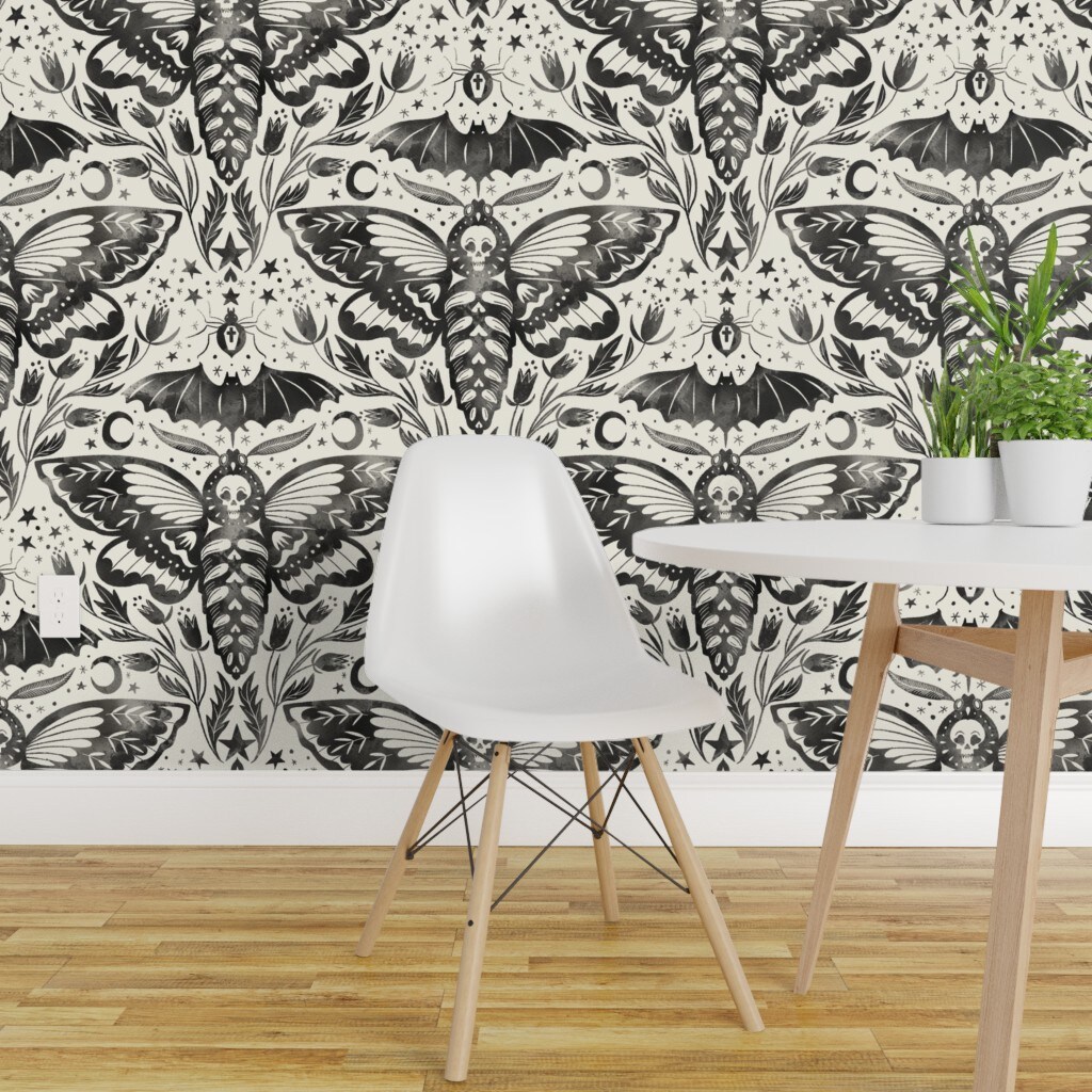 Pre-Pasted Wallpaper 2FT Wide Black And White Moth Bat Flower Stars Ink Watercolor Moon Ghosts October Gothic Halloween Custom Pre-pasted Wallpaper by Spoonflower