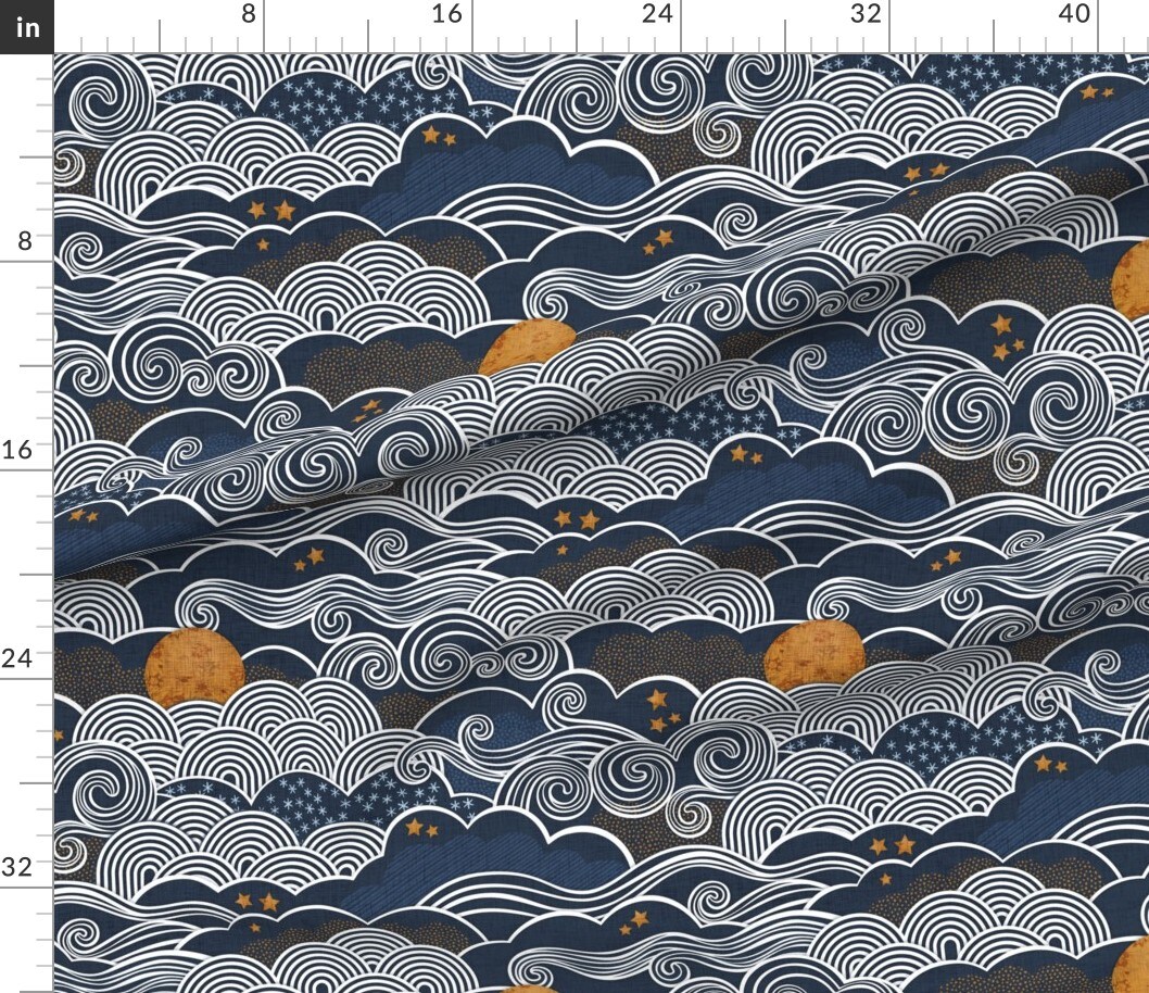 Night Sky Clouds Gold Stars Sky Blue Mustard Dark Navy Custom Printed Fabric by Spoonflower Various Fabrics by the Yard or Fat Quarter
