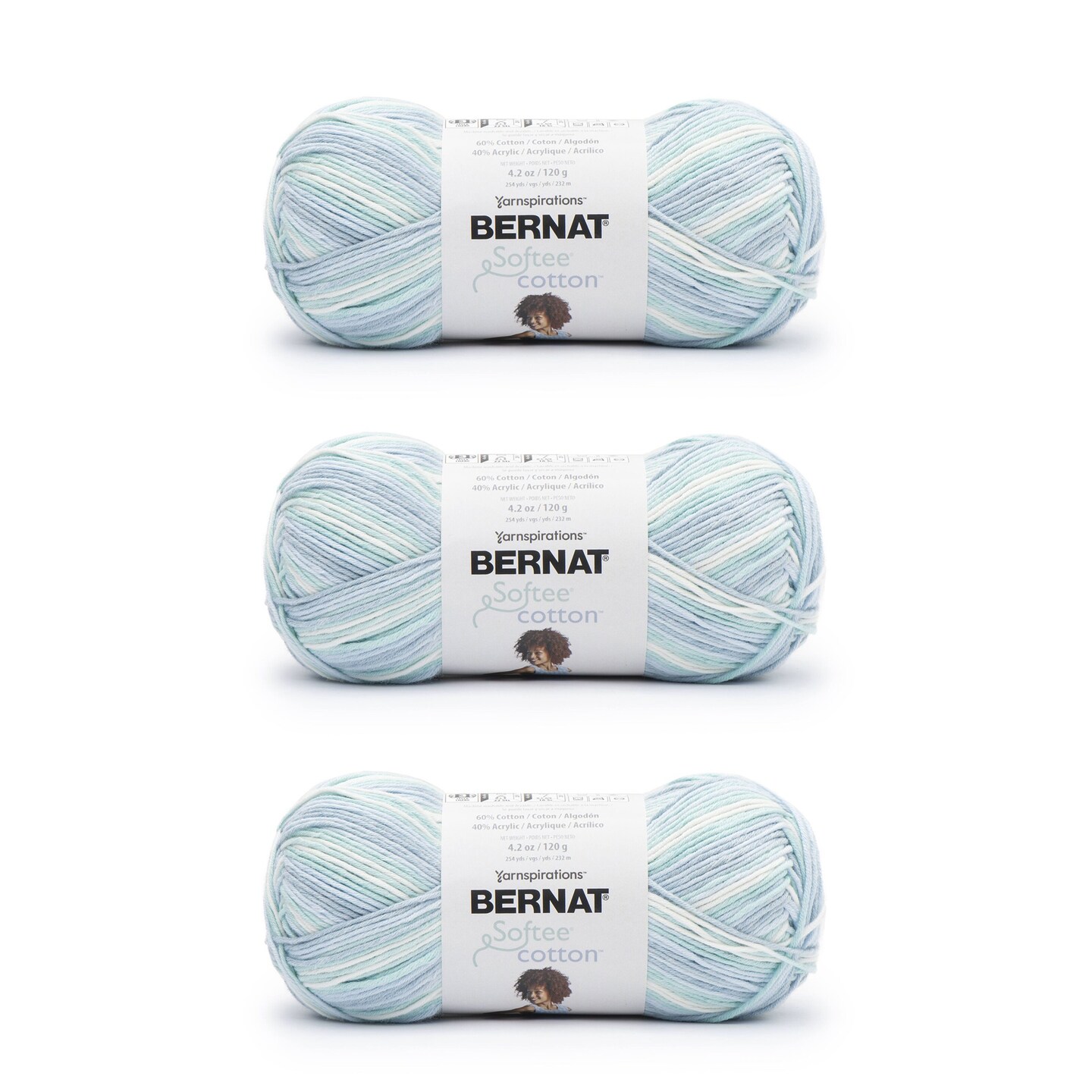 Bernat Softee Cotton Refresh Yarn - 3 Pack of 120g/4.25oz - Nylon - 3 DK (Light) - 254 Yards - Knitting/Crochet