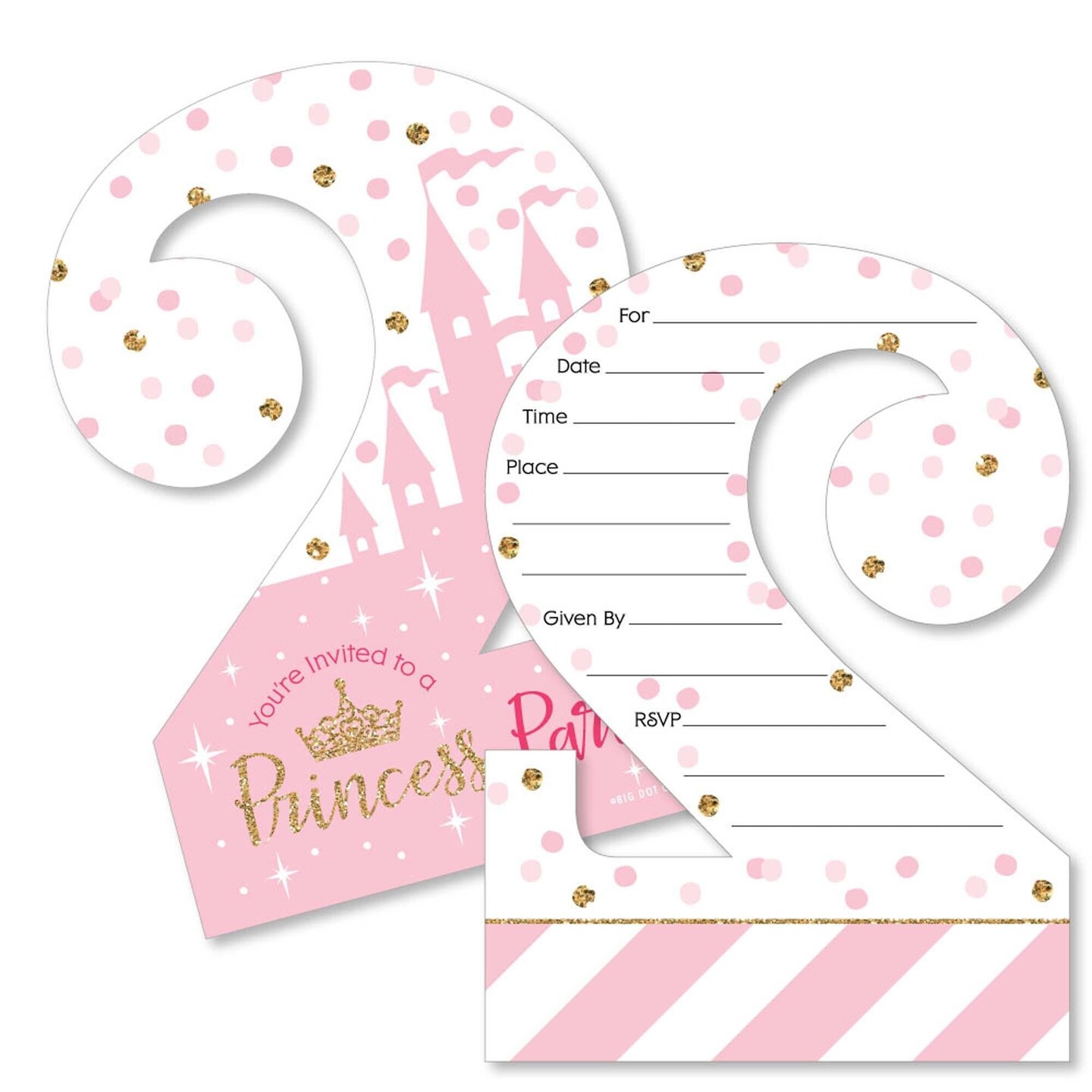 Big Dot of Happiness 2nd Birthday Little Princess Crown - Shaped Fill-in Invites - Princess Birthday Party Invite Cards with Envelopes - Set of 12