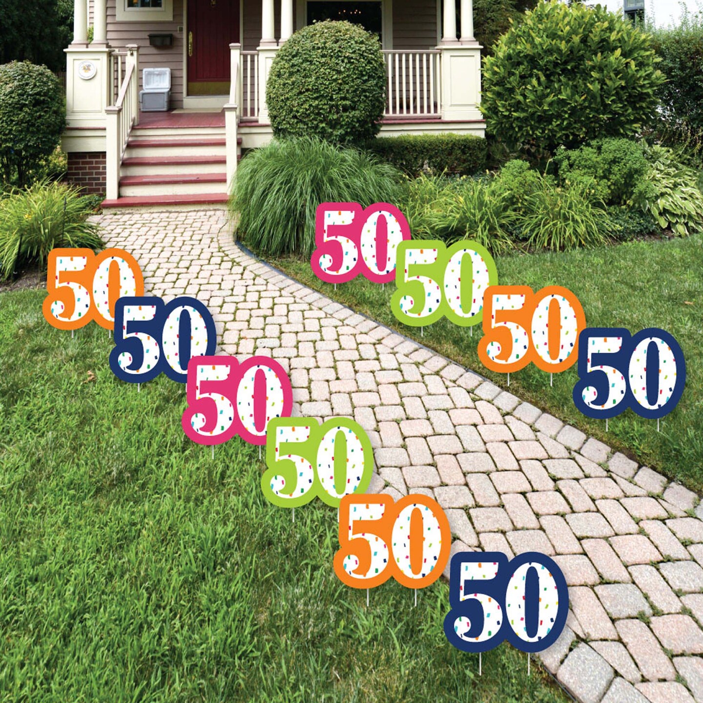 Big Dot of Happiness 50th Birthday - Cheerful Happy Birthday - Lawn Decorations - Outdoor Colorful Fiftieth Birthday Party Yard Decorations - 10 Piece