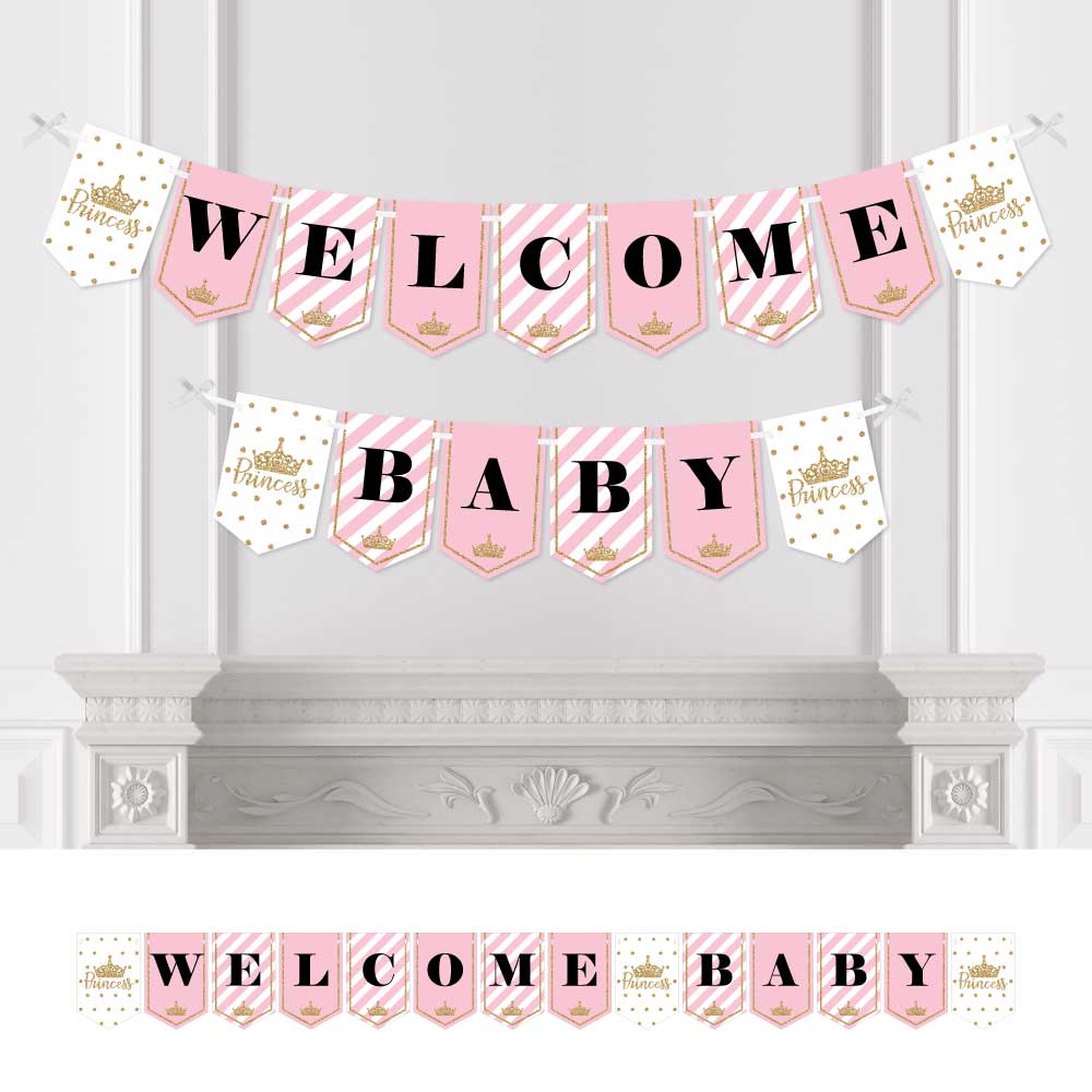 Big Dot of Happiness Little Princess Crown - Pink and Gold Princess Baby Shower Party Bunting Banner - Party Decorations - Welcome Baby