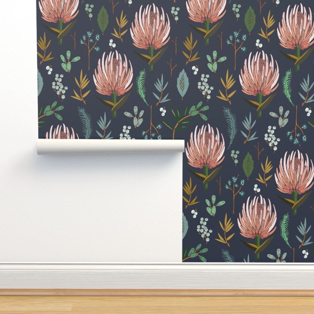 Natural Botanical Blush Pink Floral Study Dark Blue Flower Nature Leaf Custom Removable Wallpaper by Spoonflower Peel & Stick Wallpaper 2FT Wide