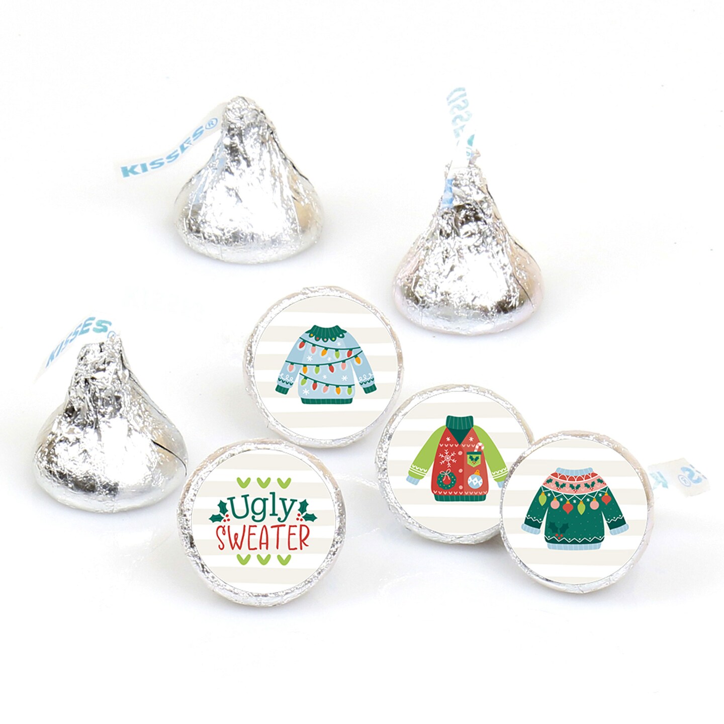 Big Dot of Happiness Colorful Christmas Sweaters - Ugly Sweater Holiday Party Round Candy Sticker Favors - Labels Fits Chocolate Candy (1 sheet of 108)