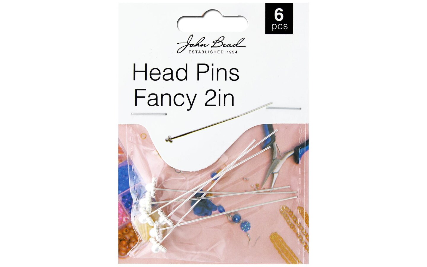 John Bead MHF Head Pins Fancy 2&#x22; Silver 6pc