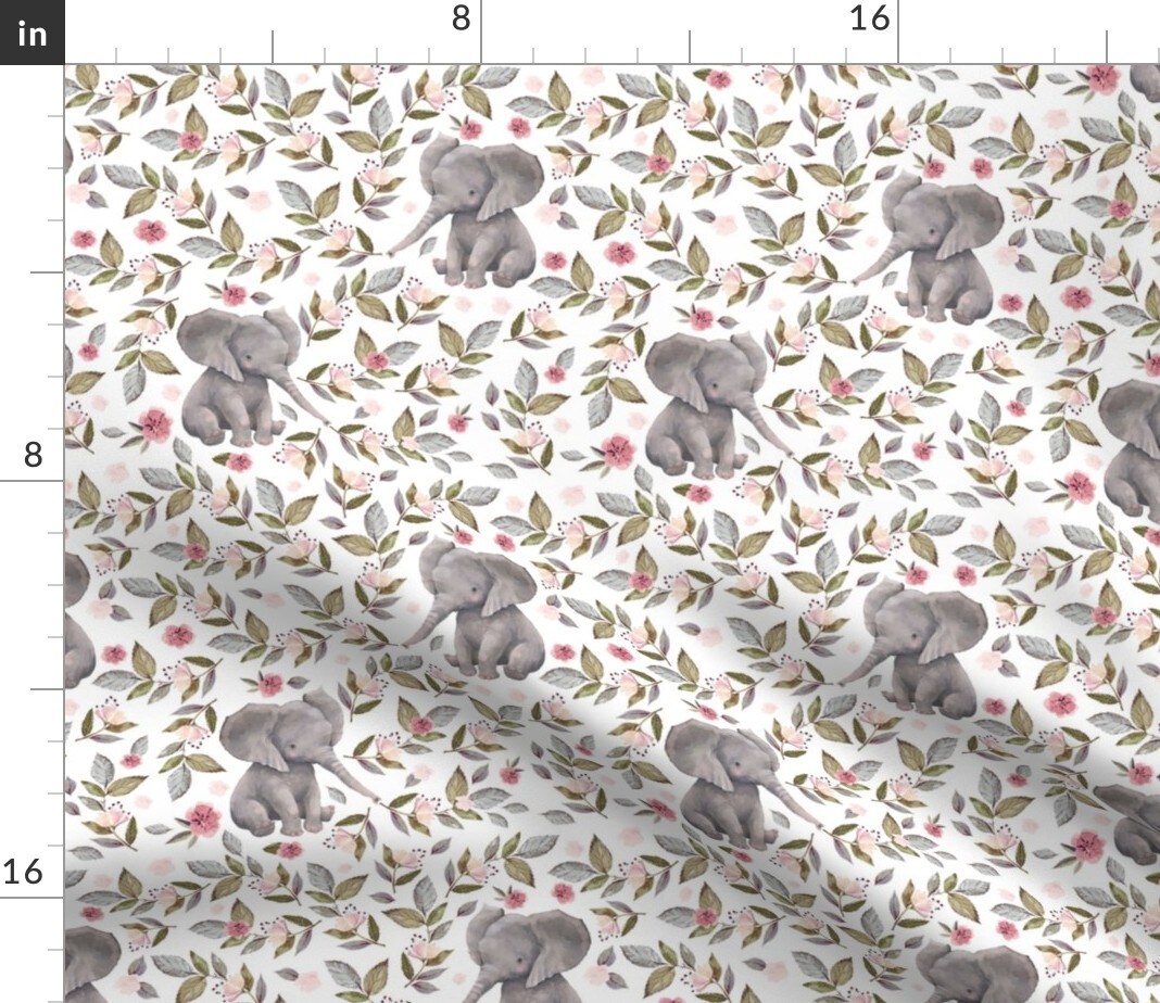 Elephant Crown Mix Match Nursery Girl Pink Roses Spring Floral Safari Animal Watercolor Girly Custom Printed Fabric by Spoonflower Various Fabrics by the Yard or Fat Quarter