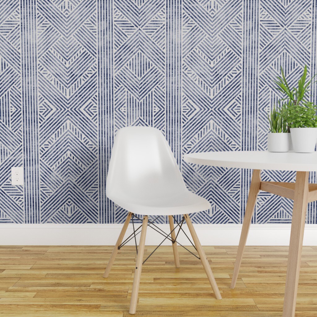 Peel & Stick Wallpaper 2FT Wide Blue White Line Boho Modern Geometric