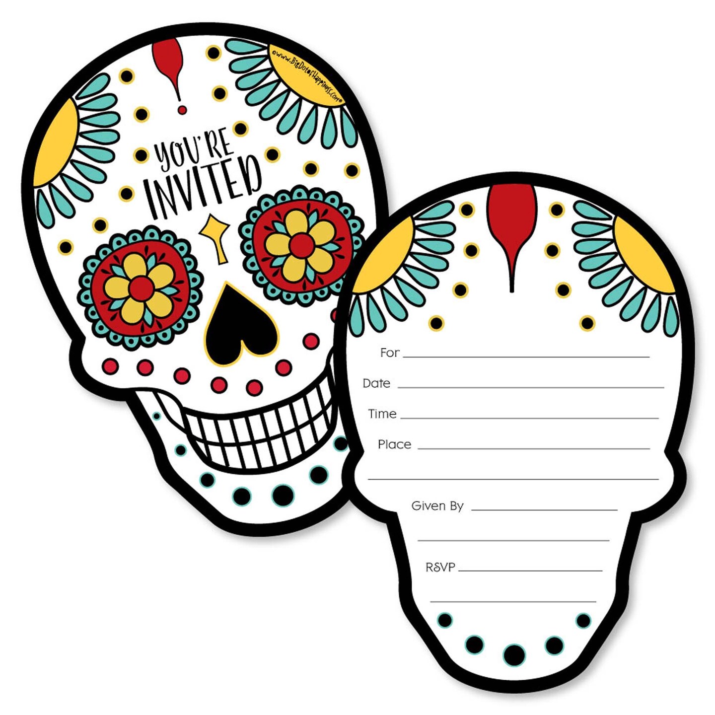 Big Dot of Happiness Day of the Dead - Shaped Fill-in Invitations - Sugar Skull Party Invitation Cards with Envelopes - Set of 12