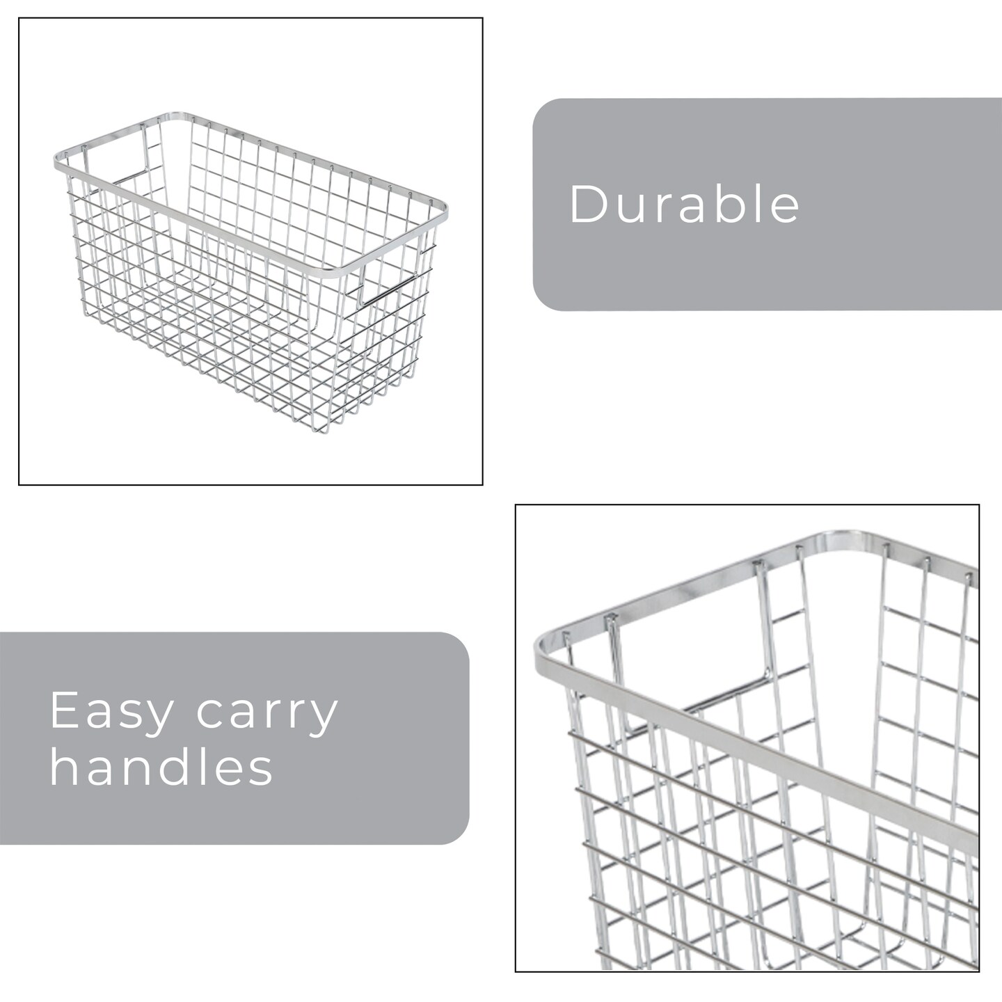 Smart Design Nestable Basket Organizer with Handles - Steel - 6 x 12 x 6 - Chrome - Set of 4