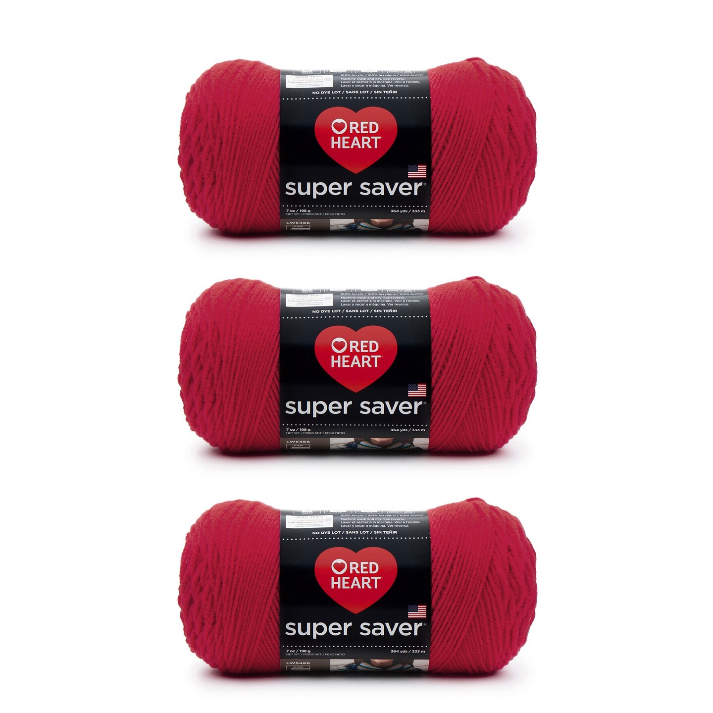 Red Heart Super Saver Hot Red Yarn - 3 Pack of 198g/7oz - Acrylic - 4 Medium (Worsted) - 364 Yards - Knitting/Crochet