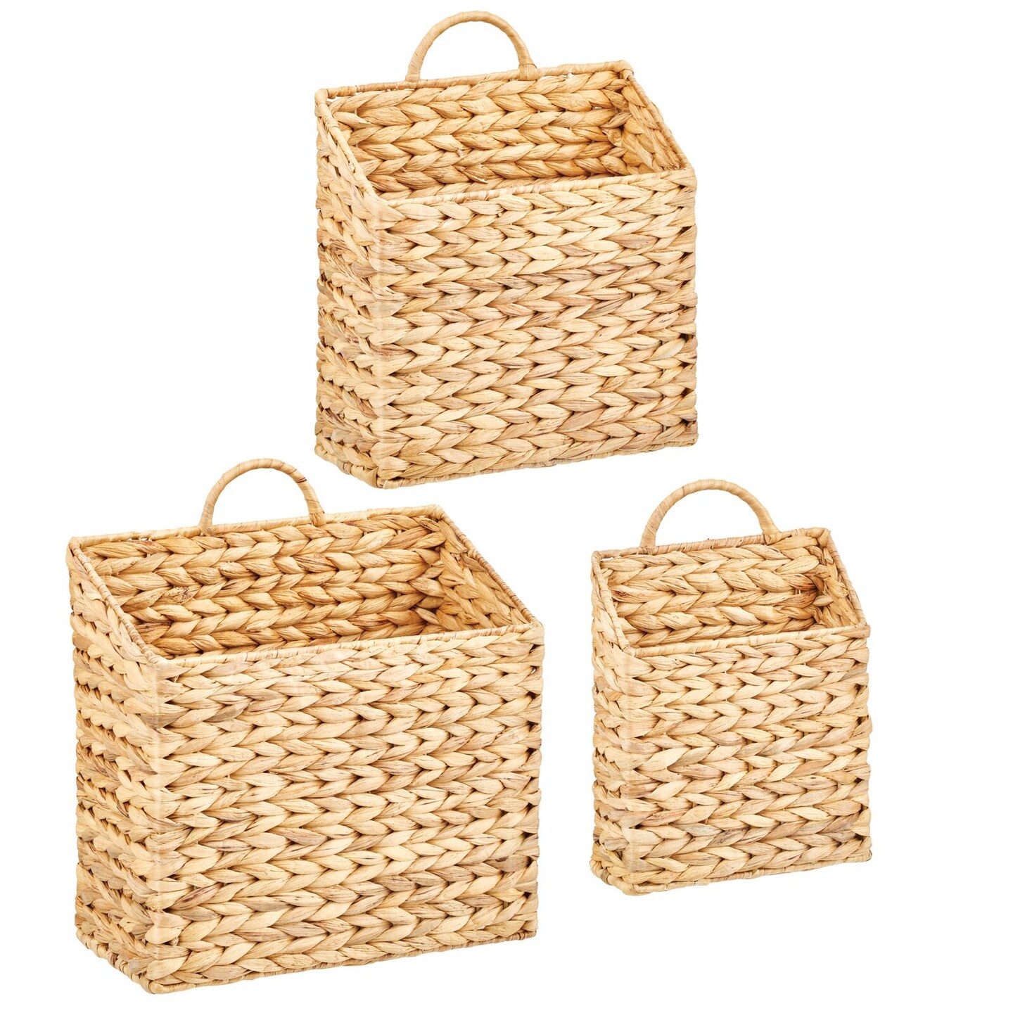 mDesign Woven Water Hyacinth Hanging Wall Storage Basket - Set of 3, Natural