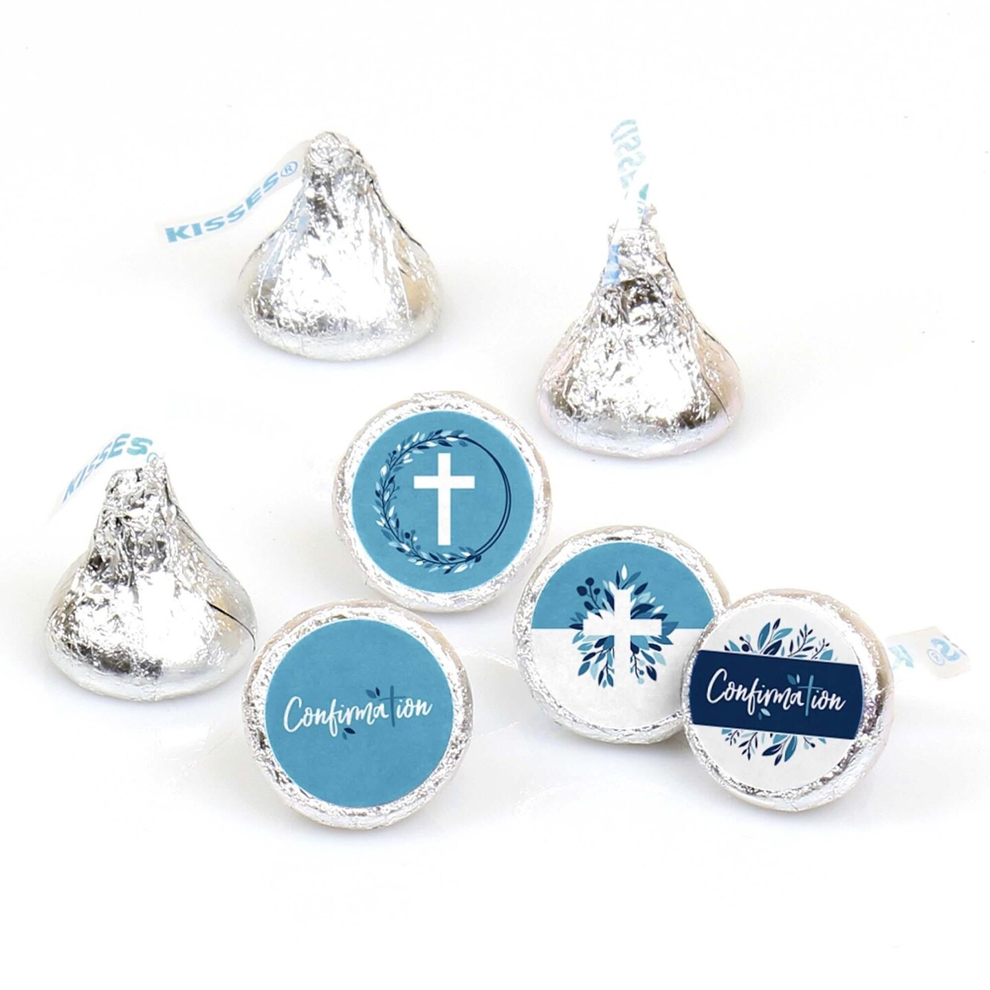 Big Dot of Happiness Confirmation Blue Elegant Cross - Boy Religious Party Round Candy Sticker Favors - Labels Fits Chocolate Candy (1 sheet of 108)