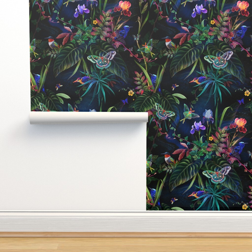 Tropical Jungle Maximalist Butterflies Birds Wallpaper Hummingbirds Jungle Tropical Moody Tropics Iris Exotic Flora Rainforest Orchid Paradise Custom Removable Wallpaper by Spoonflower Peel & Stick Wallpaper 2FT Wide
