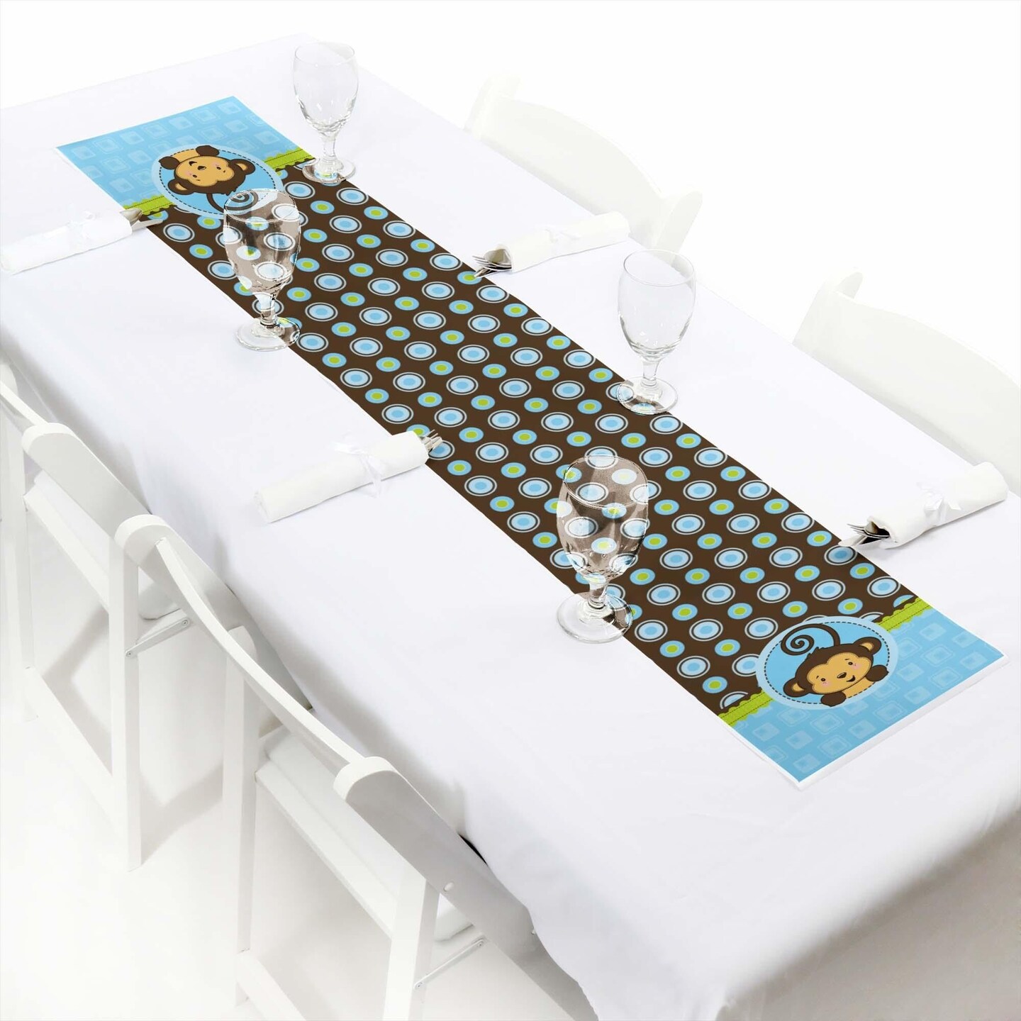 Big Dot of Happiness Blue Monkey Boy - Petite Baby Shower or Birthday Party Paper Table Runner - 12 x 60 inches