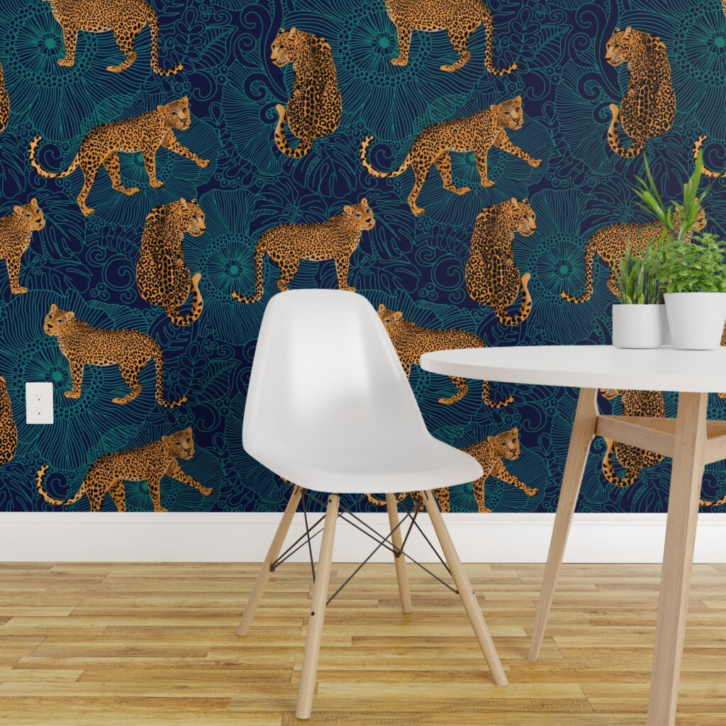 Peel & Stick Wallpaper 2FT Wide Leopard Print Blue And Teal Maximalist Animalier Exotic Animal Monstera Leaves Custom Removable Wallpaper by Spoonflower