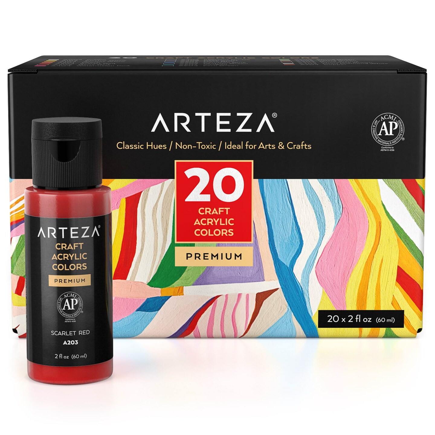 Arteza Acrylic Craft Paint Art Supply Set, 60 ml Bottles, Classic Colors - 20 Pack