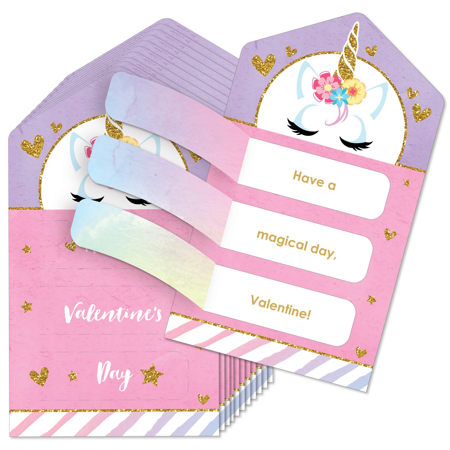 Big Dot of Happiness Rainbow Unicorn - Magical Unicorn Cards for Kids - Happy Valentine&#x27;s Day Pull Tabs - Set of 12