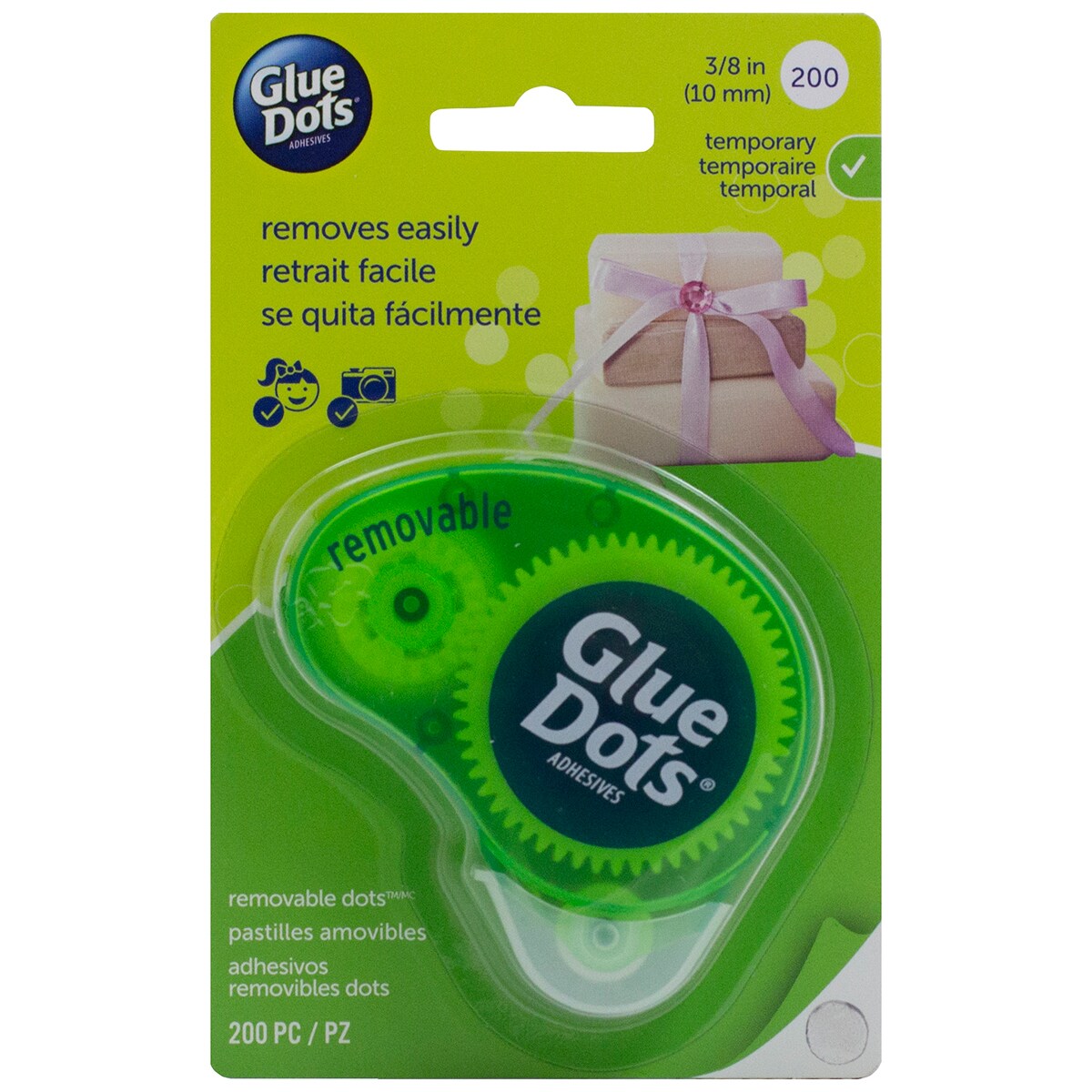 Glue Dots .375 Removable Dot Disposable Dispenser-200 Clear Dots
