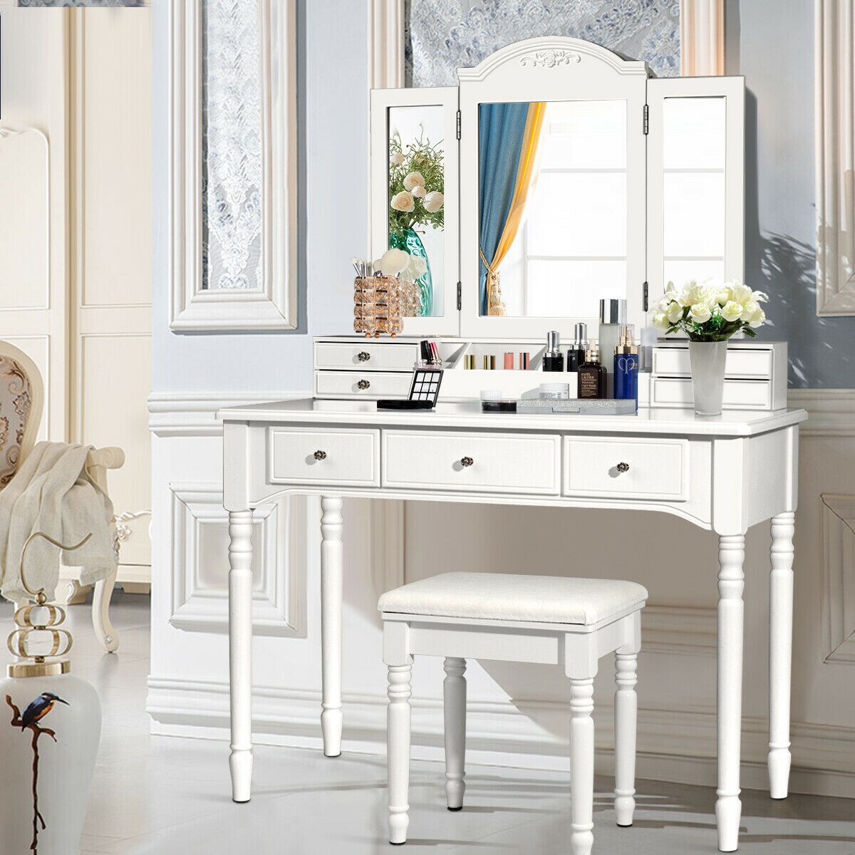 7 Drawers Vanity Set Dressing Table W/ Tri-Folding Mirror White