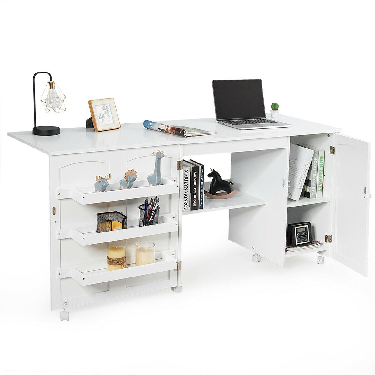 Craft table with online storage on wheels