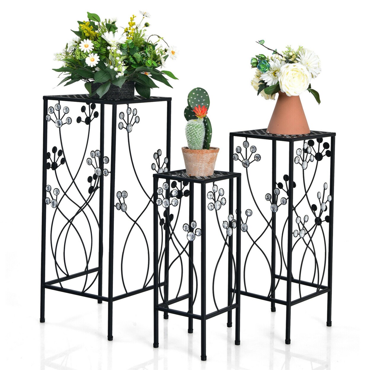3 Pcs Metal Plant Stand Set Plant Pot Holder W/Crystal Floral Accents Square
