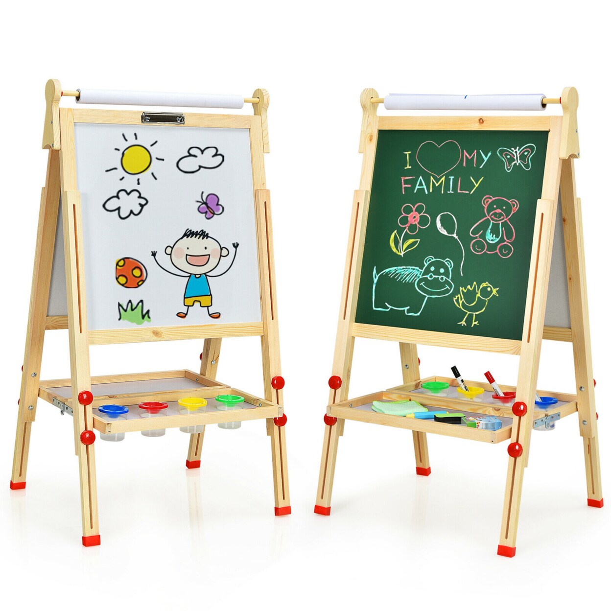 3 in 1 Kids Easel Stand for Painting with Drawing Paper Chalkboard & White Board for Kids, Adjustable Kids Easel with Art Supplies, Painting Set