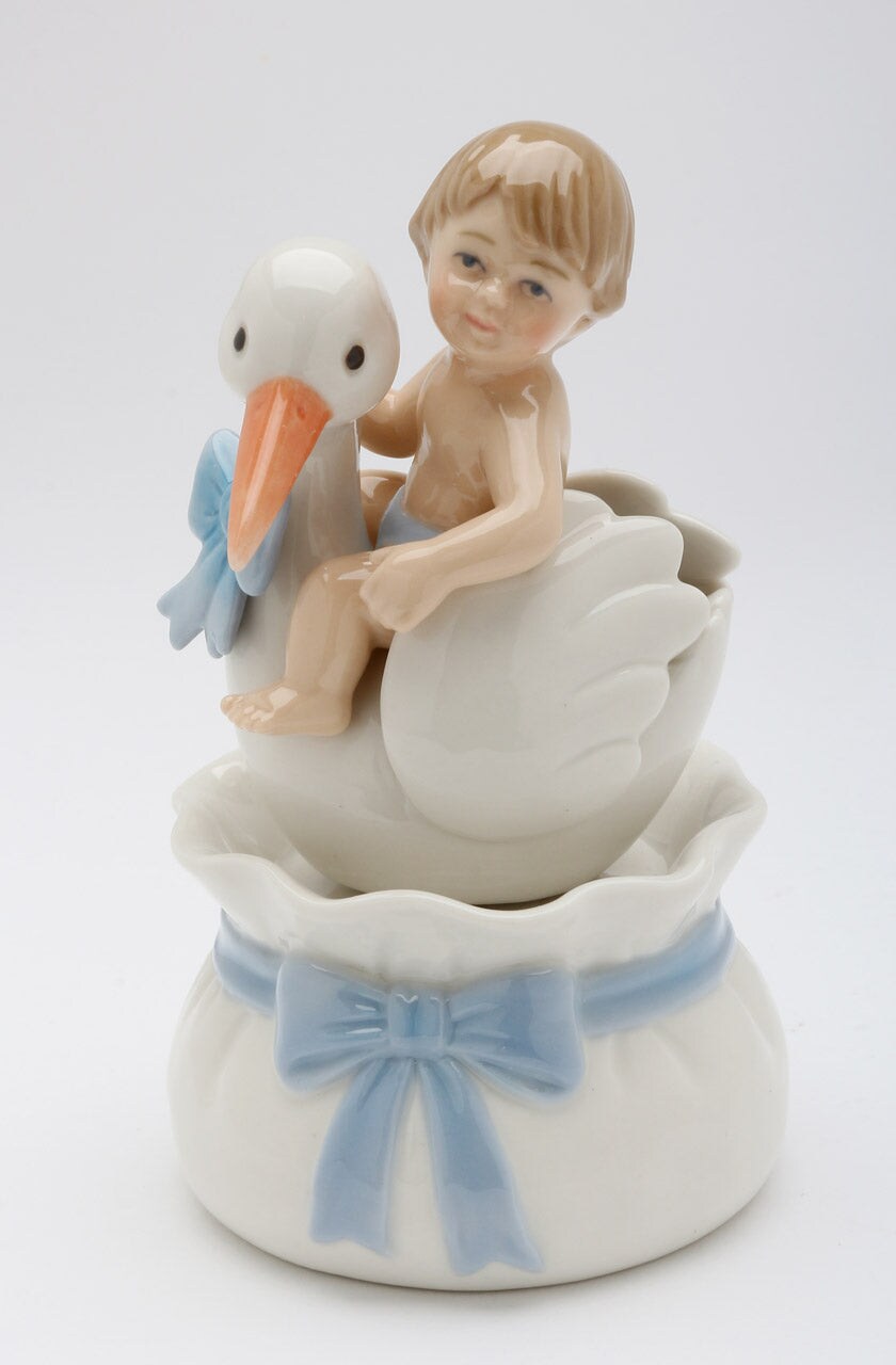Ceramic Baby Boy With Stork Music Box, Nursery Room Decor, Baby Shower Gift, Gift for New Mom, Gift for Expecting Mother